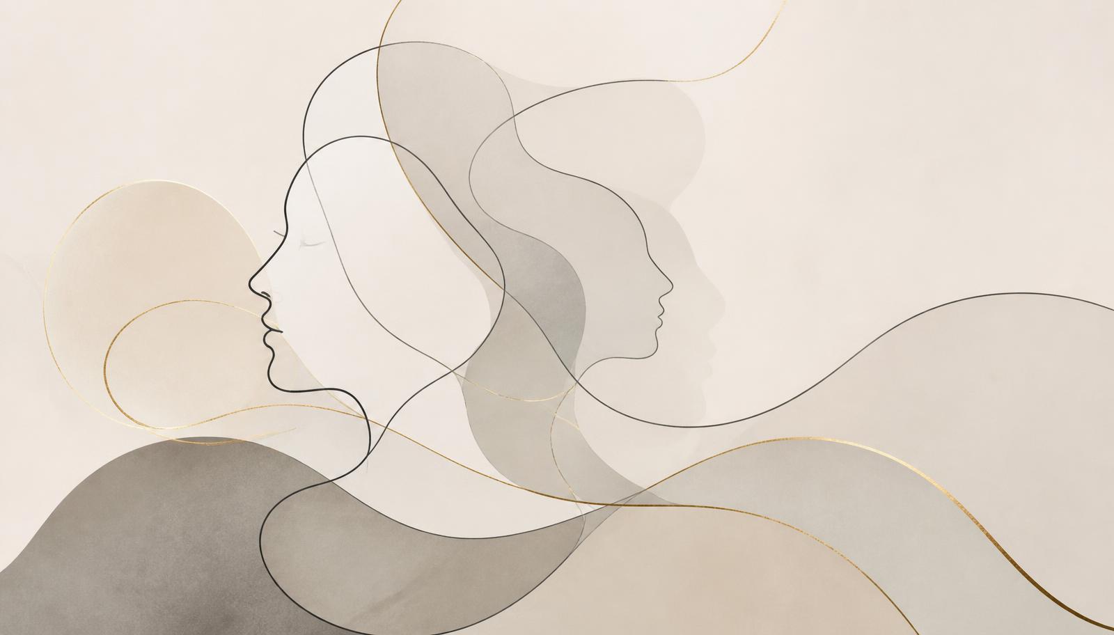 Ilustração editorial abstrata com silhuetas humanas sobrepostas em tons grafite, bege e dourado, representando complexidade emocional