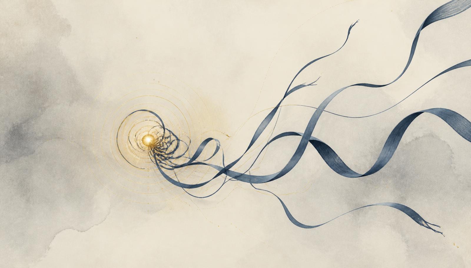 Ilustração editorial abstrata de uma fita azul-ardósia se desenrolando em espiral a partir de um brilho dourado central sobre fundo creme, representando a aceleração do impulso