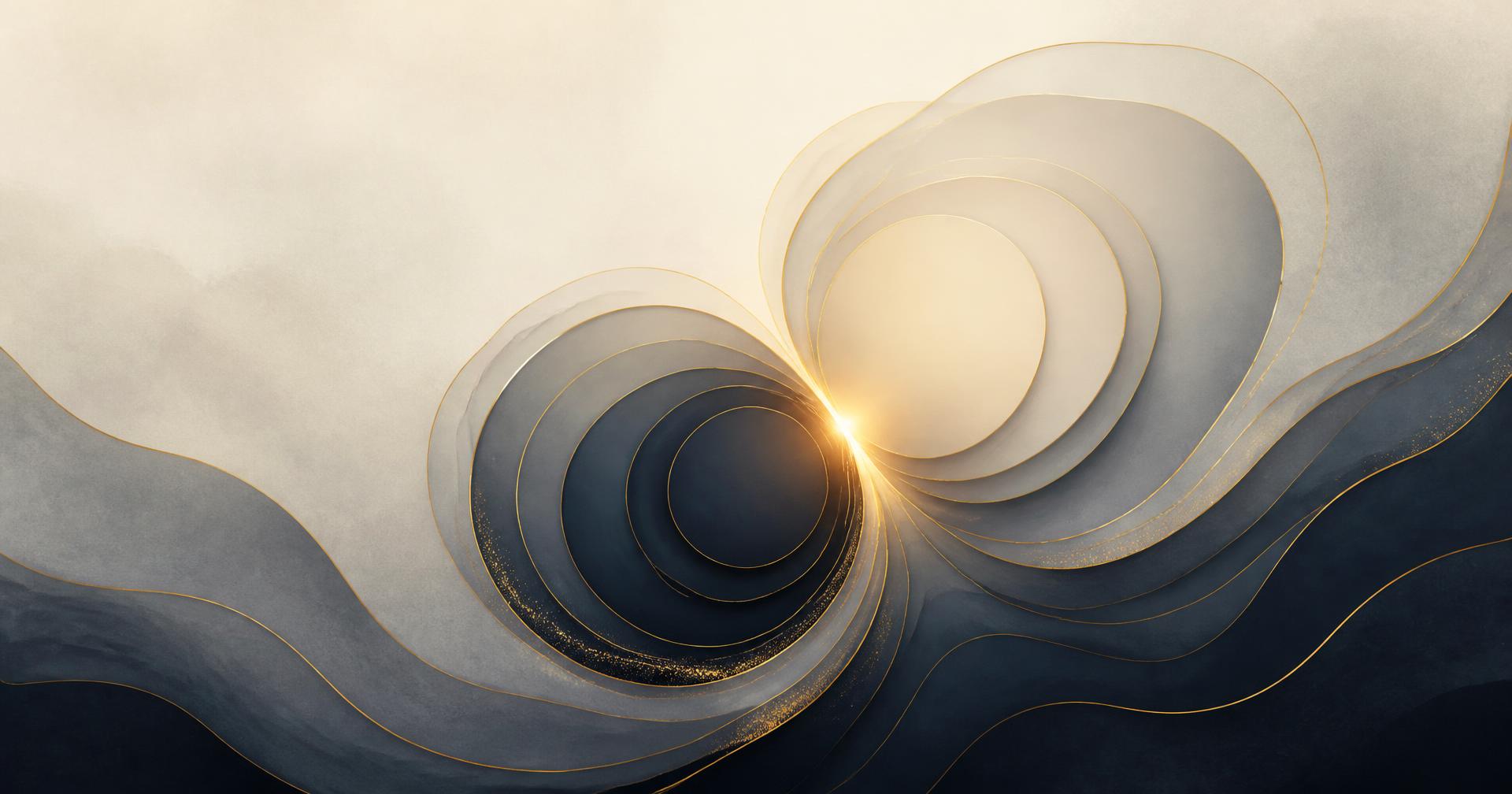 Ilustração editorial abstrata em azul profundo, grafite e creme com brilho dourado suave, sugerindo distanciamento e névoa perceptiva.