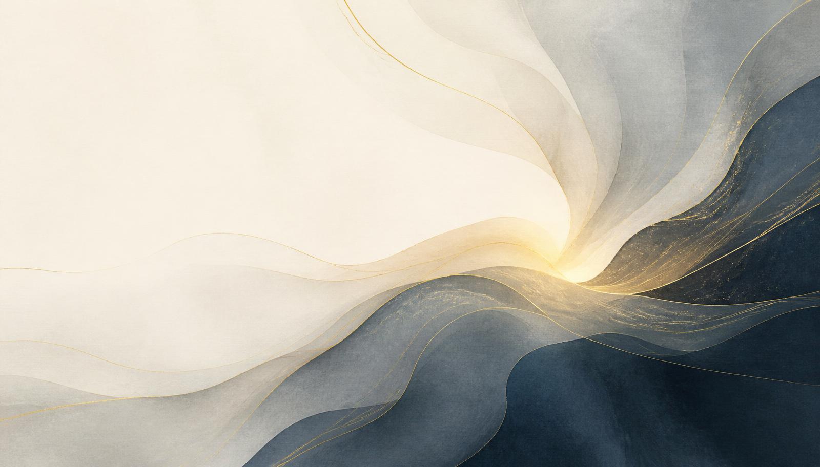 Ilustração editorial abstrata em azul profundo, grafite e creme com brilho dourado suave, sugerindo ausência e silêncio interno.